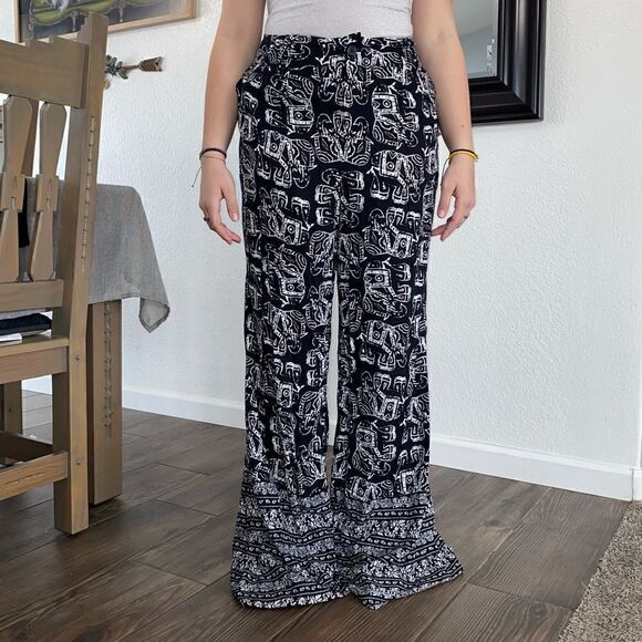 Merona Womens Ebony Print Elastic Waist High Rise Wide Leg Pants Medium NWT - Picture 1 of 11